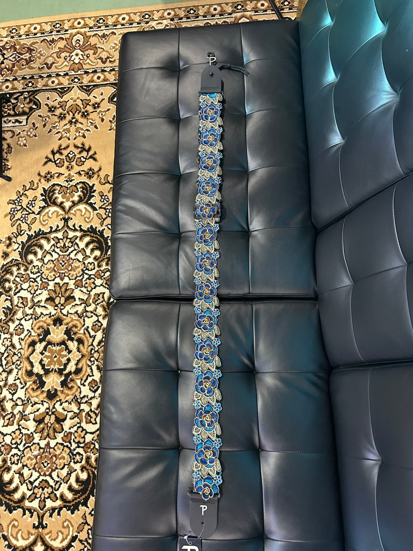 Perri's Platinum Blue/Gold Flowers Guitar Strap