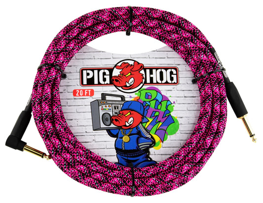 PIG HOG Pink Graffiti Instrument Cable, 20ft, Right Angle
