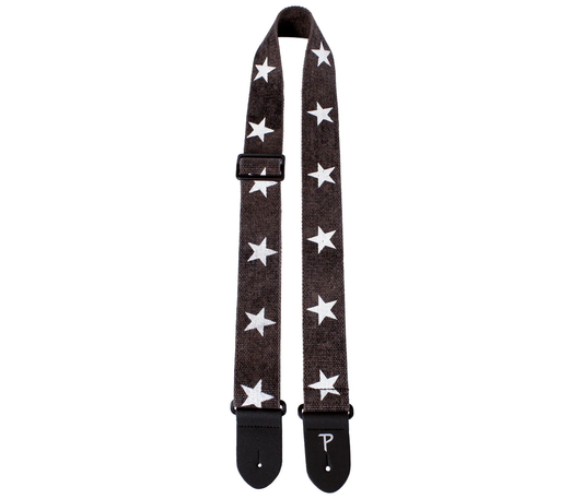 Deluxe White Stars on Distressed Grey Cotton Guitar Strap